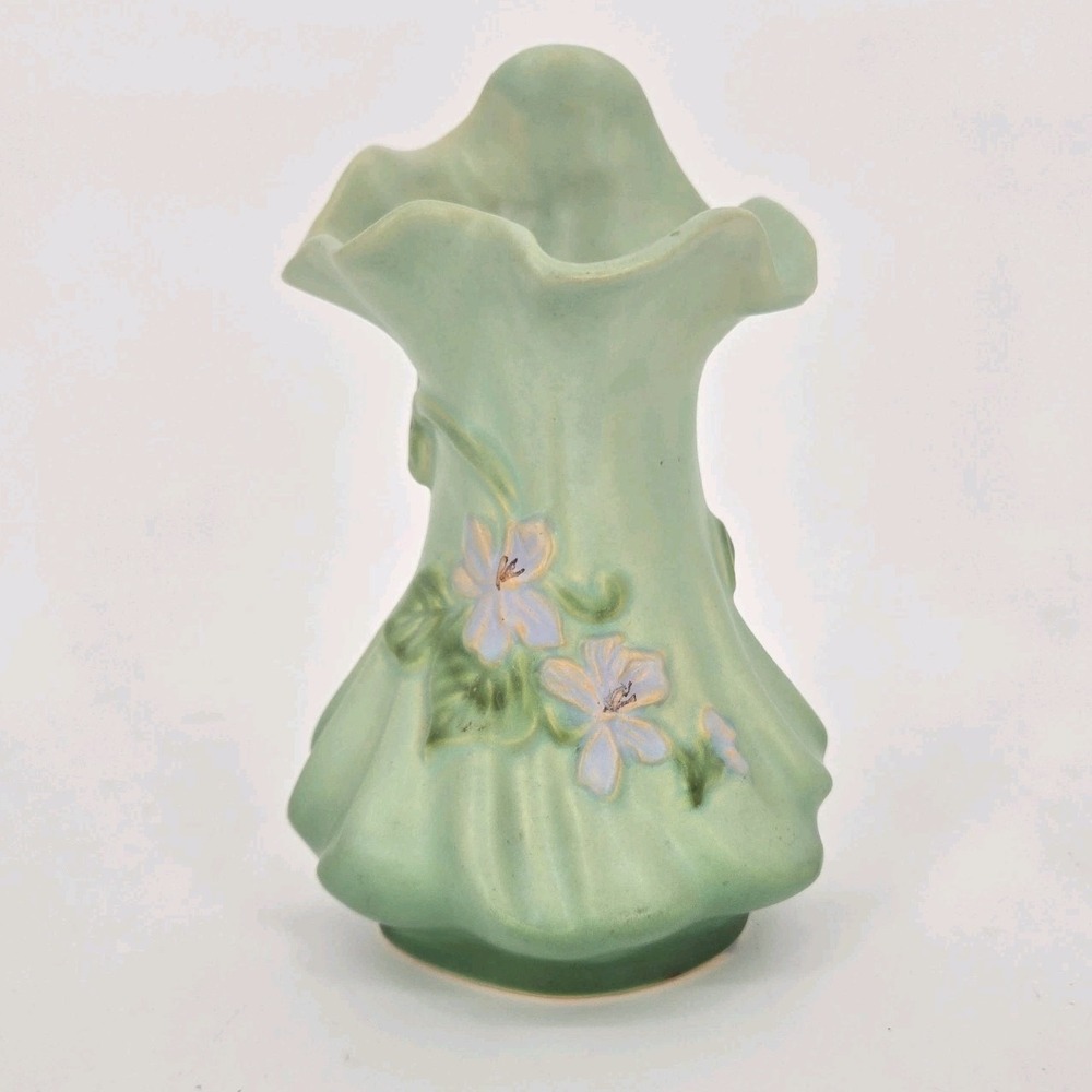 Vintage Weller Gloria G-22 Vase Matte Green Floral Ruffled Rim 1930s 8 Inches OH